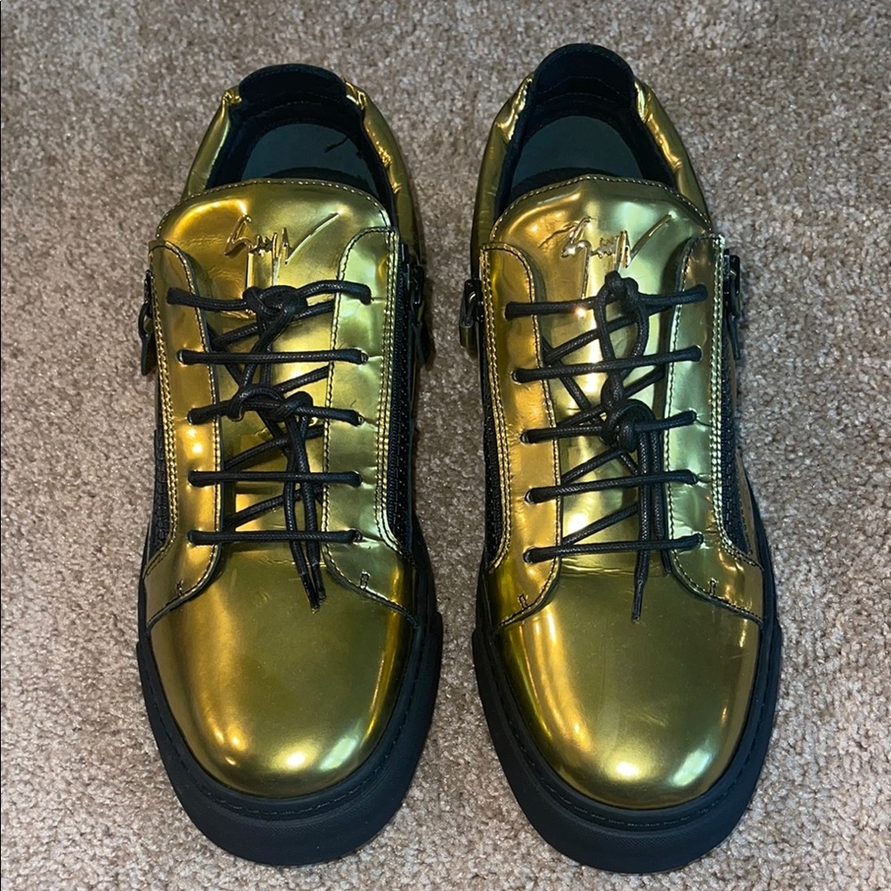 Gold Metallic Sneakers with Black Accents